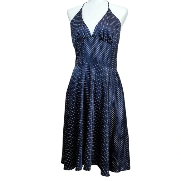 Alyn Paige Navy Satin Polka Dot Halter Dress Sz 10 - Picture 7 of 7